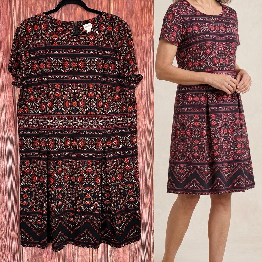 Chico's Floral Striped Print Short Sleeve Dress Knee Length Size‎ 4 / XXL
